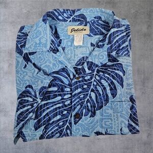 Vintage 70s Jelido Blue Palm Leaf Hawaiian Shirt Resortwear Size Small Men's O82